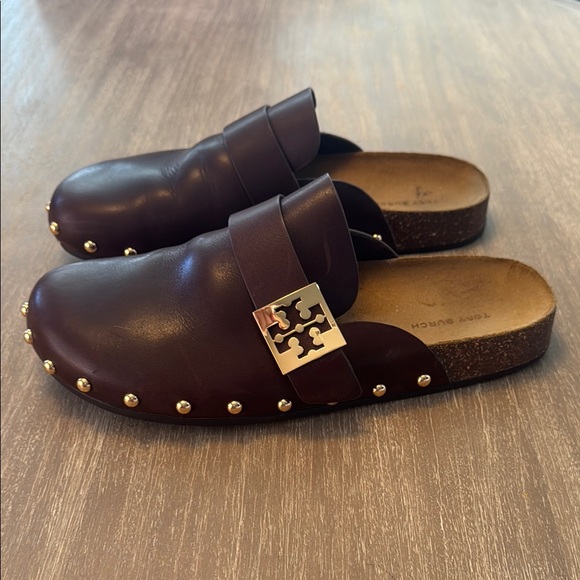 Tory Burch Shoes - Tory Burch Brown Leather Mules with Gold Studs